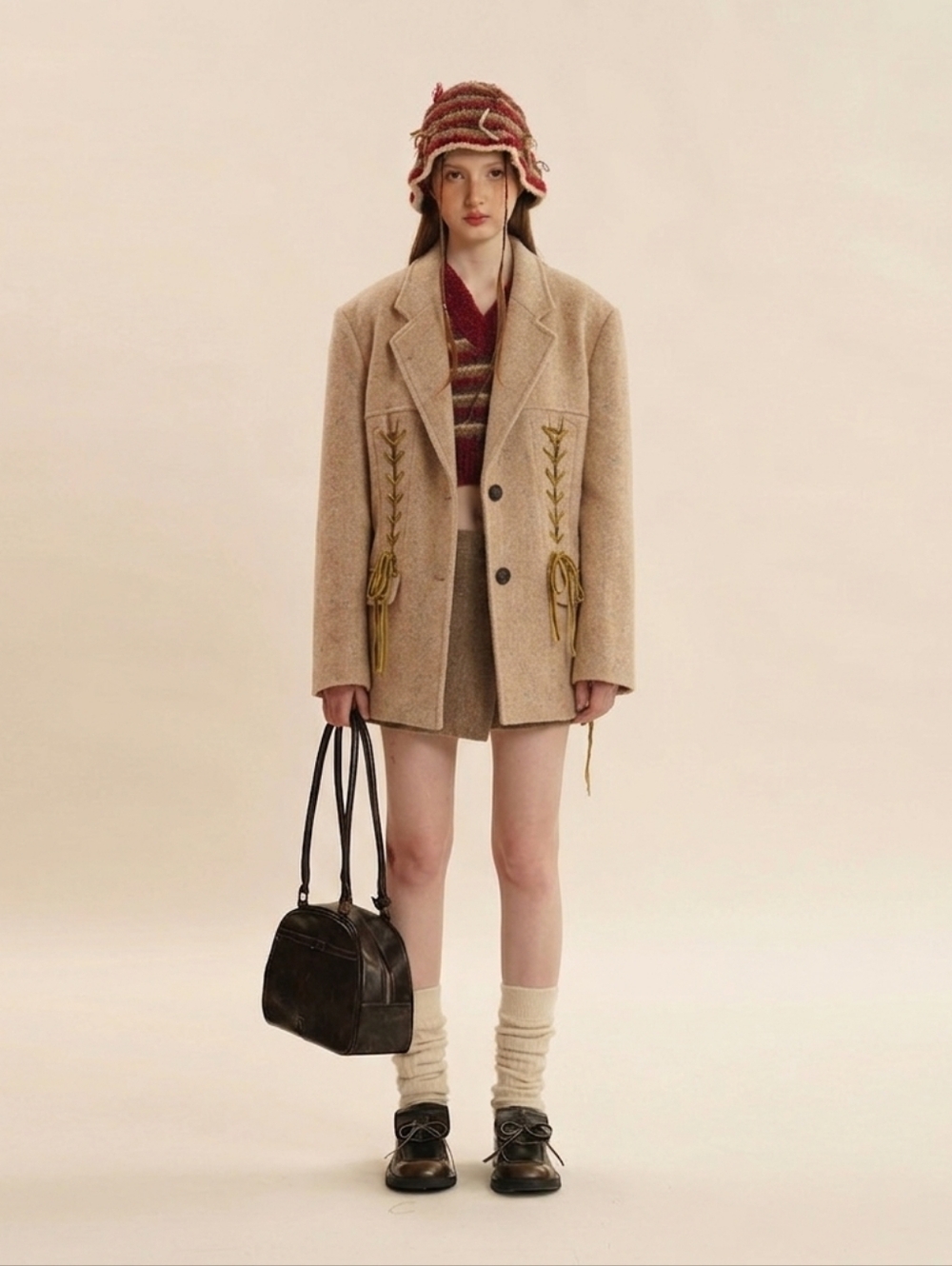 Moromoro Wool Tweed Corset Lace-Up Oversized Blazer Jacket Camel 8